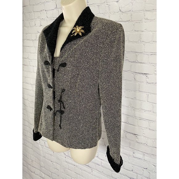 Danny & Nicole Black White Speckled Velvety Trim Blazer Jacket Gold Brooch 6 - Picture 3 of 9